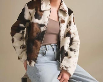 Women’s Genuine Cowhide Hair-On Leather Jacket – Natural Pony Skin Coat, Real Cowhide Western Outerwear