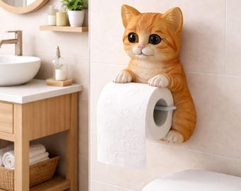 Porta-papel higiênico de resina em formato de gato, para parede, com design fofo e decorativo para banheiro, cozinha e lavabo.