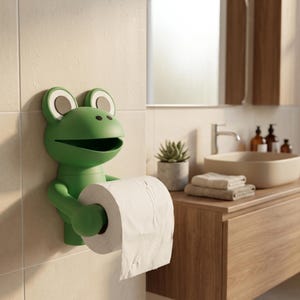 Puede incluir: Un portarrollos de papel higiénico con forma de rana verde montado en una pared alicatada. El soporte tiene ojos grandes con bordes blancos y sostiene un rollo de papel higiénico blanco. El accesorio de baño añade un toque divertido.
