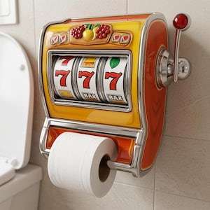Op de afbeelding: Een aan de muur gemonteerde toiletrolhouder ontworpen als een vintage gokkast. De houder heeft een geel en oranje frame met een chromen hendel en toont drie draaiende rollen met rode zevens en het woord BAR.