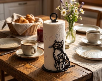 May include: A black metal paper towel holder featuring a cutout silhouette of a sitting cat at the base and a circular handle at the top. The holder is designed to secure a standard roll of white paper towels with a subtle embossed pattern.