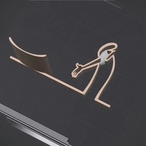 May include: A minimalist, abstract sculpture in a warm, copper-like tone. The design features a stylized human figure with an outstretched arm, a curved element, and a silver accent. The artwork is set against a dark background.