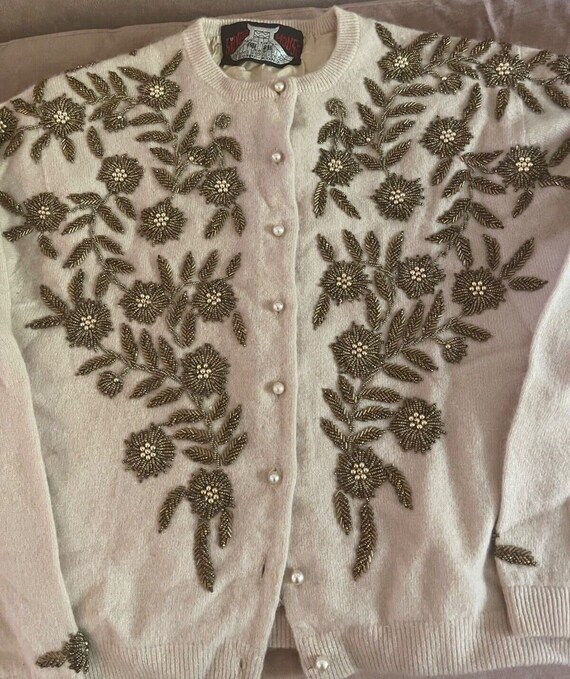 50's 60's  Beaded Rhinestone Vintage Sweater M
