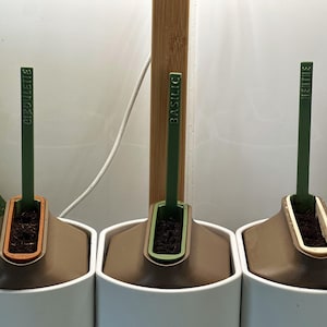 Könnte beinhalten: Drei Kräutertöpfe für den Innenbereich mit grünen Etiketten mit der Aufschrift "CIBOULETTE", "BASILIC" und "MENTHE". Die Pflanzgefäße haben einen weißen Sockel, eine braune Oberseite und einen grünen Rand. Die Kräuter wachsen in Erde.