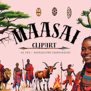 Maasai Clipart PNG Set | African Tribal Clipart | 46 PNG Illustrations | Transparent Background | Maasai Warrior Woman Village Jewelry