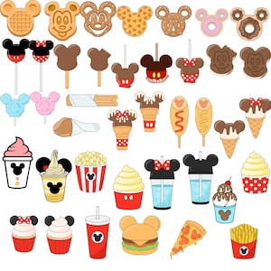 May include: A selection of cartoon food items, including waffles, biscuits, ice cream, popcorn, and drinks, all designed with Mickey Mouse ears. The image features a variety of treats in vibrant colours, perfect for a themed party or event.