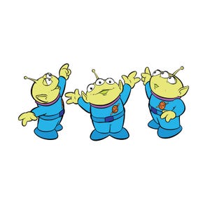May include: Three cartoon aliens with green skin and three eyes are featured in this image. They wear blue jumpsuits with a planet emblem and purple collars. The aliens are in various poses, with arms raised and pointing upwards.