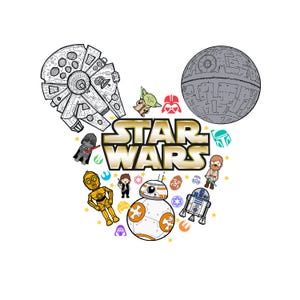 Cabeza de Mickey Mouse de Star Wars PNG • Imágenes prediseñadas de Yoda, Darth Vader, R2D2 y BB8 • Sublimación del Halcón Milenario y la Estrella de la Muerte • Descarga instantánea