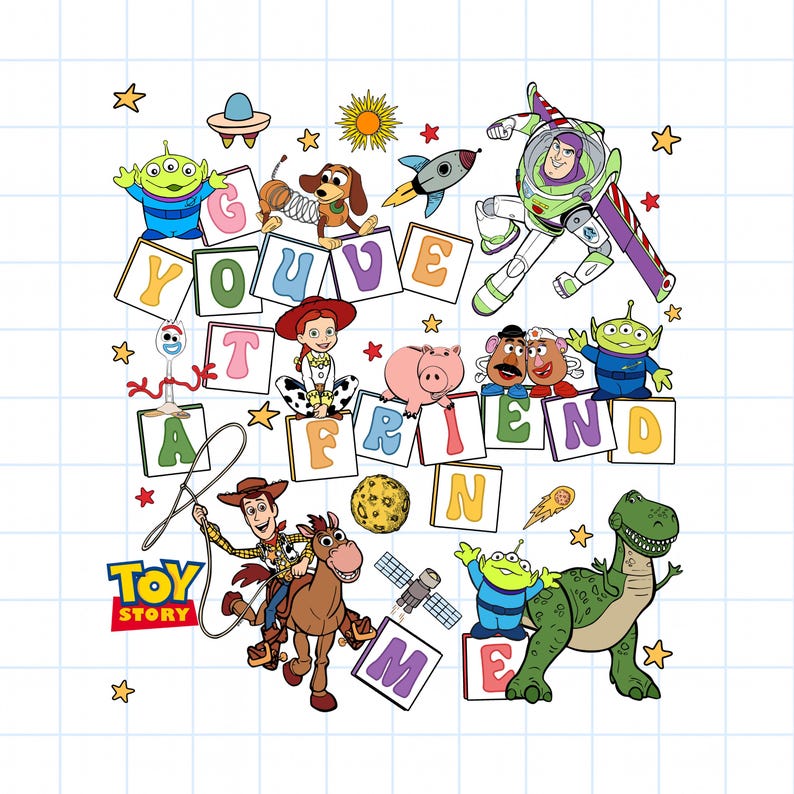 Puede incluir: Un gr&aacute;fico colorido con personajes de la pel&iacute;cula Toy Story. La imagen incluye a Woody, Buzz Lightyear, Jessie y otros personajes, junto con la frase "YOU'VE GOT A FRIEND IN ME" escrita en bloques de letras. Estrellas y otros elementos completan el dise&ntilde;o.