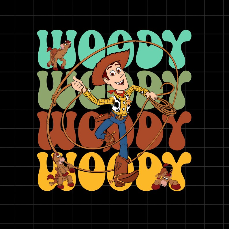 Puede incluir: Gr&aacute;fico de estilo retro con el personaje Woody de Toy Story. Woody, con su atuendo de vaquero, sostiene un lazo. La palabra "Woody" se repite tres veces en diferentes colores. El fondo es negro.