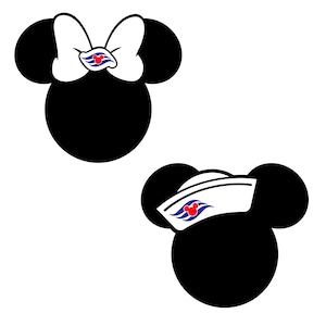 May include: Two black Mickey Mouse head silhouettes. One features a white bow with a red, blue, and white emblem. The other has a white sailor hat with a similar emblem. Both are on a white background.