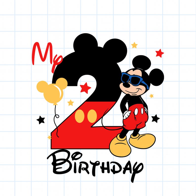 May include: A colorful graphic featuring Mickey Mouse celebrating a second birthday. The number 2 is red and black, with Mickey wearing sunglasses. The words "My Birthday" are also included, along with star and balloon accents.