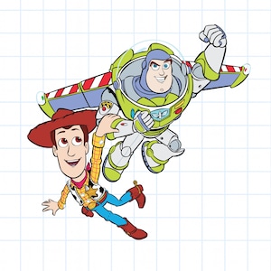 K&ouml;nnte beinhalten: Illustration von Woody, einem Cowboy, und Buzz Lightyear, einem Astronauten, aus dem Animationsfilm Toy Story. Woody tr&auml;gt einen braunen Hut, ein gelbes Hemd, blaue Hosen und braune Stiefel. Buzz ist in einem gr&uuml;n-wei&szlig;en Raumanzug mit Fl&uuml;geln.