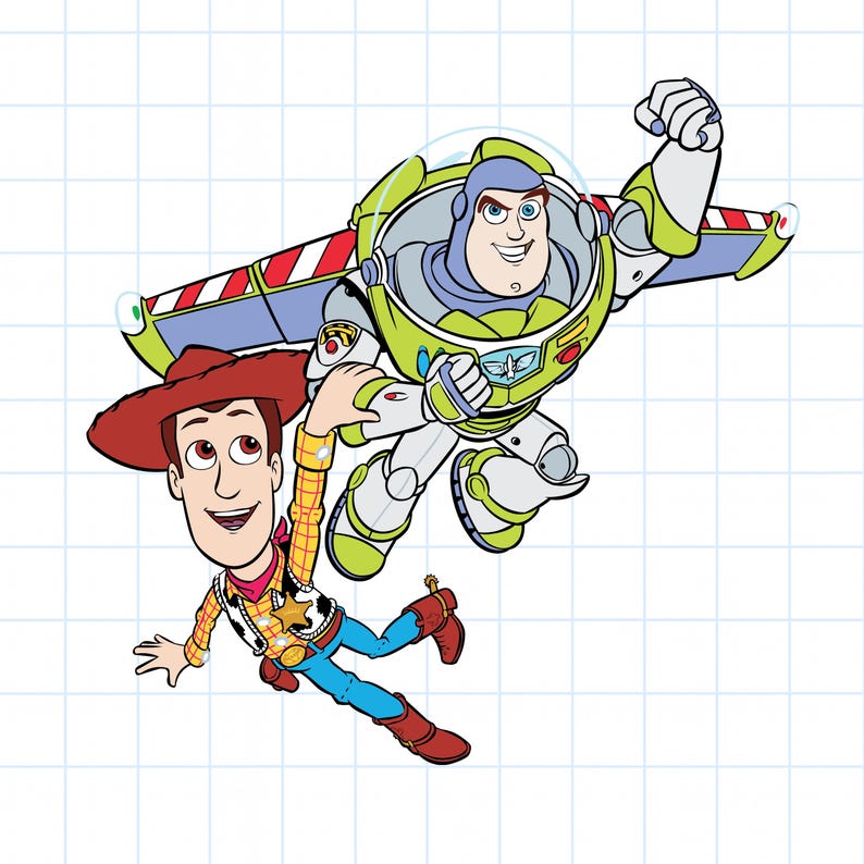 K&ouml;nnte beinhalten: Illustration von Woody, einem Cowboy, und Buzz Lightyear, einem Astronauten, aus dem Animationsfilm Toy Story. Woody tr&auml;gt einen braunen Hut, ein gelbes Hemd, blaue Hosen und braune Stiefel. Buzz ist in einem gr&uuml;n-wei&szlig;en Raumanzug mit Fl&uuml;geln.