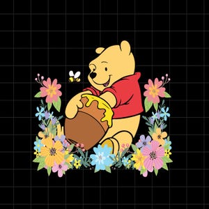 Puede incluir: Ilustración de dibujos animados de Winnie the Pooh, con una camisa roja, sosteniendo un tarro de miel con miel goteando. Una abeja revolotea cerca. La imagen está rodeada de flores coloridas sobre un fondo negro.