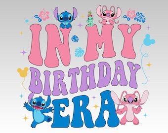 Stitch Angel Birthday Era PNG • Tropical Balloons Sublimation (Digital Download)