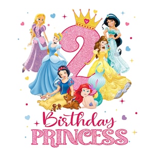 May include: A colorful graphic featuring seven Disney princesses, a large pink glitter number 2, and the words "Birthday Princess" in pink. The princesses are in their iconic gowns, with a gold crown at the top.