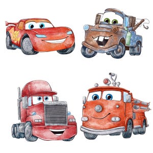 Può includere: Illustrazioni ad acquerello di quattro veicoli dei cartoni animati: un'auto da corsa rossa con il numero 95, un carro attrezzi marrone, un camion rosso con "MACK" sulla griglia e un'autopompa rossa. Ogni veicolo ha una faccia sorridente.