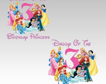 Paquete de princesa para el tercer cumpleaños, diseño de princesa inspirado en Disney para cumpleaños, sublimación de camiseta para niña de tercer cumpleaños, archivo digital