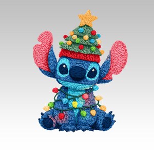 May include: A blue character with large eyes, wearing a Christmas tree hat and a string of colorful lights. The character has large ears and is sitting with its arms raised. The hat is green with colorful ornaments and a yellow star.