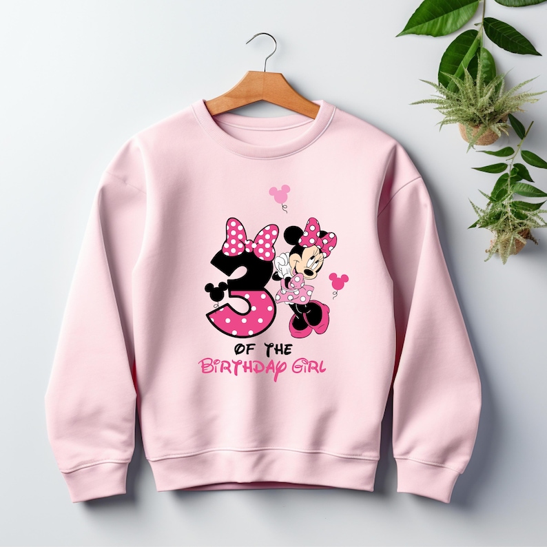Puede incluir: Sudadera rosa claro con un dise&ntilde;o de Minnie Mouse y el n&uacute;mero 3 con lunares. El texto "OF THE BIRTHDAY GIRL" est&aacute; debajo. La sudadera tiene cuello redondo y mangas largas.