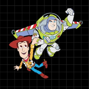 K&ouml;nnte beinhalten: Illustration von Woody und Buzz Lightyear aus Toy Story. Woody, mit Cowboyhut und Stiefeln, befindet sich in der Luft mit Buzz Lightyear, der einen Raumanzug tr&auml;gt. Der Hintergrund ist schwarz mit einem Rastermuster.