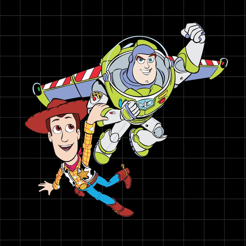 K&ouml;nnte beinhalten: Illustration von Woody und Buzz Lightyear aus Toy Story. Woody, mit Cowboyhut und Stiefeln, befindet sich in der Luft mit Buzz Lightyear, der einen Raumanzug tr&auml;gt. Der Hintergrund ist schwarz mit einem Rastermuster.