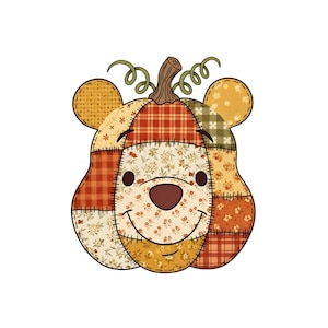 May include: A bear-shaped pumpkin illustration featuring a patchwork design of various autumn-toned fabrics including orange, yellow, and brown floral and plaid patterns. The design includes a brown stem, curly green vines, and stitched seams.