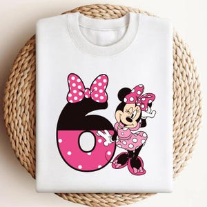 Puede incluir: Sudadera blanca con un gr&aacute;fico de Minnie Mouse y el n&uacute;mero 6. Minnie Mouse lleva un vestido y un lazo de lunares rosas. El n&uacute;mero 6 es negro y rosa con un lazo de lunares.