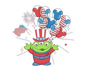 May include: A cartoon alien character wearing a red and blue outfit and a patriotic top hat, holding balloons with Mickey Mouse ears and American flag designs. The image includes an American flag, fireworks, and star accents.