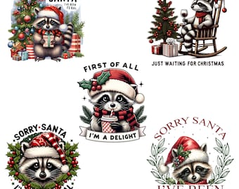 Paquete de imágenes PNG de mapaches navideños, diseño divertido de Papá Noel (descarga digital)