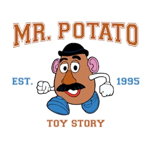 K&ouml;nnte beinhalten: Cartoon-Bild von Mr. Potato Head aus Toy Story. Die Figur ist braun mit einem schwarzen Schnurrbart, Hut und blauen Schuhen. Der Text "MR. POTATO" steht &uuml;ber der Figur, mit "EST. 1995" und "TOY STORY" darunter.