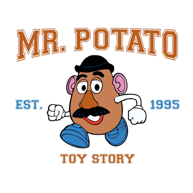 K&ouml;nnte beinhalten: Cartoon-Bild von Mr. Potato Head aus Toy Story. Die Figur ist braun mit einem schwarzen Schnurrbart, Hut und blauen Schuhen. Der Text "MR. POTATO" steht &uuml;ber der Figur, mit "EST. 1995" und "TOY STORY" darunter.