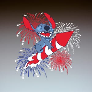 Pode incluir: Ilustração de desenho animado de um personagem alienígena azul montado em um foguete vermelho e branco, cercado por fogos de artifício vermelhos, brancos e azuis. O personagem está sorrindo com a boca bem aberta. O fundo é um gradiente de cinza e preto.