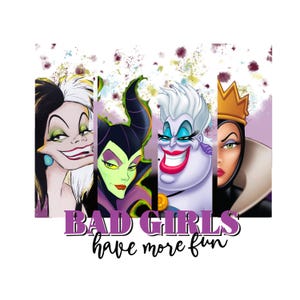 Puede incluir: Un estampado gr&aacute;fico con cuatro villanas animadas en paneles verticales. Debajo de los personajes, el texto dice BAD GIRLS en letras may&uacute;sculas moradas y have more fun en letra cursiva negra, sobre un fondo blanco.