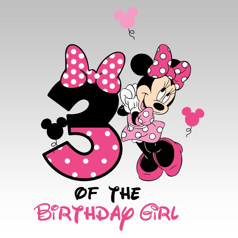Puede incluir: Imagen de Minnie Mouse con un lazo y vestido de lunares rosas, y el n&uacute;mero 3. El texto dice "OF THE BIRTHDAY GIRL" en escritura rosa. Dos globos rosas con forma de rat&oacute;n flotan en el fondo.