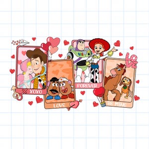 Puede incluir: Ilustración colorida con personajes de Toy Story. El diseño incluye imágenes de Woody, Buzz Lightyear, Jessie y el Sr. y la Sra. Potato Head, con las palabras "XOXO", "Forever", "Love" y "Be Mine". También se incluyen corazones y globos rojos.