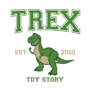 K&ouml;nnte beinhalten: Illustration eines gr&uuml;nen Cartoon-T-Rex-Dinosauriers mit dem Wort "TREX" dar&uuml;ber in gr&uuml;nen Blockbuchstaben. Der Text "EST. 2010" steht unter dem Wort "TREX", und die Worte "TOY STORY" stehen unten.