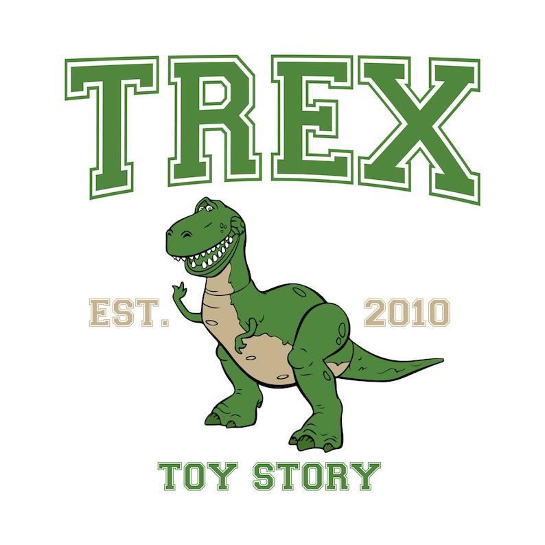 K&ouml;nnte beinhalten: Illustration eines gr&uuml;nen Cartoon-T-Rex-Dinosauriers mit dem Wort "TREX" dar&uuml;ber in gr&uuml;nen Blockbuchstaben. Der Text "EST. 2010" steht unter dem Wort "TREX", und die Worte "TOY STORY" stehen unten.