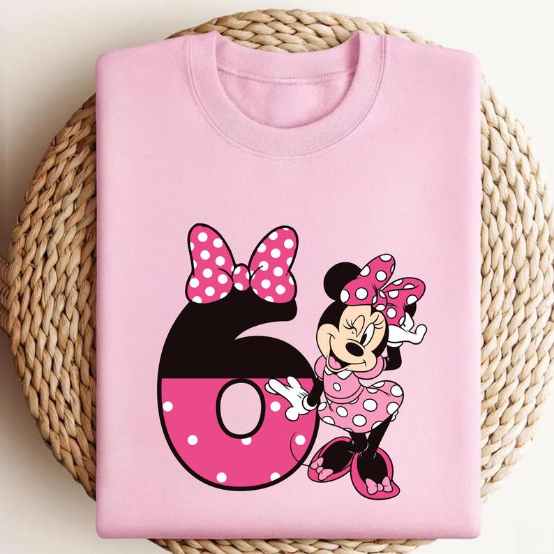 Puede incluir: Sudadera rosa claro con un dise&ntilde;o de Minnie Mouse. El dise&ntilde;o incluye el n&uacute;mero 6, mitad negro y mitad rosa con lunares blancos, y Minnie Mouse con un vestido de lunares sosteniendo un lazo. El lazo es rosa con lunares blancos.