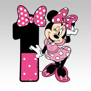 May include: A cartoon illustration of Minnie Mouse in a pink polka dot dress and bow, with a large number one. The number one is black with a pink polka dot accent. The image is a cheerful design.
