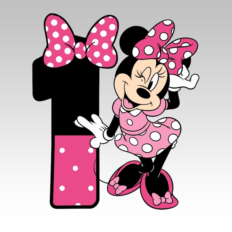 May include: A cartoon illustration of Minnie Mouse in a pink polka dot dress and bow, with a large number one. The number one is black with a pink polka dot accent. The image is a cheerful design.