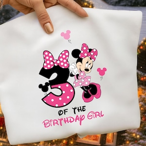 Puede incluir: Camiseta blanca con un gr&aacute;fico de Minnie Mouse, con un lazo y un vestido de lunares rosas. El n&uacute;mero "3" es en negro con un dise&ntilde;o de lunares rosas. El texto dice "OF THE BIRTHDAY GIRL".