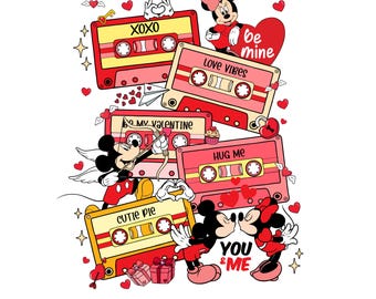 Musse och Minnie Valentine PNG, retro kassettdesign (digital nedladdning)