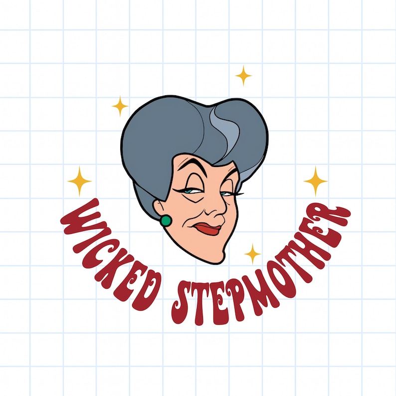 May include: Illustration of a stern-faced woman with gray hair and a green earring. The words "WICKED STEPMOTHER" are in a red, curved font around the image. Gold starbursts are in the background.