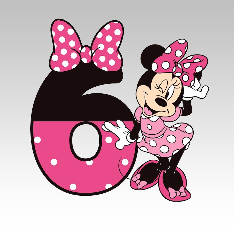 Puede incluir: Imagen de dibujos animados de Minnie Mouse junto al n&uacute;mero seis. Minnie Mouse lleva un vestido y un lazo de lunares rosas. El n&uacute;mero seis es negro en la parte superior y rosa con lunares blancos en la inferior. El lazo en la parte superior del n&uacute;mero seis es rosa con lunares blancos.