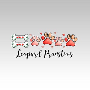 May include: A graphic design featuring dog bones and paw prints with hearts. The paw prints are pink and red with leopard print accents. The text "Leopard Pranstiws" is written in a cursive font.