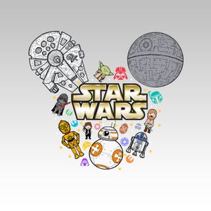Cabeza de Mickey Mouse de Star Wars PNG • Imágenes prediseñadas de Yoda, Darth Vader, R2D2 y BB8 • Sublimación del Halcón Milenario y la Estrella de la Muerte • Descarga instantánea