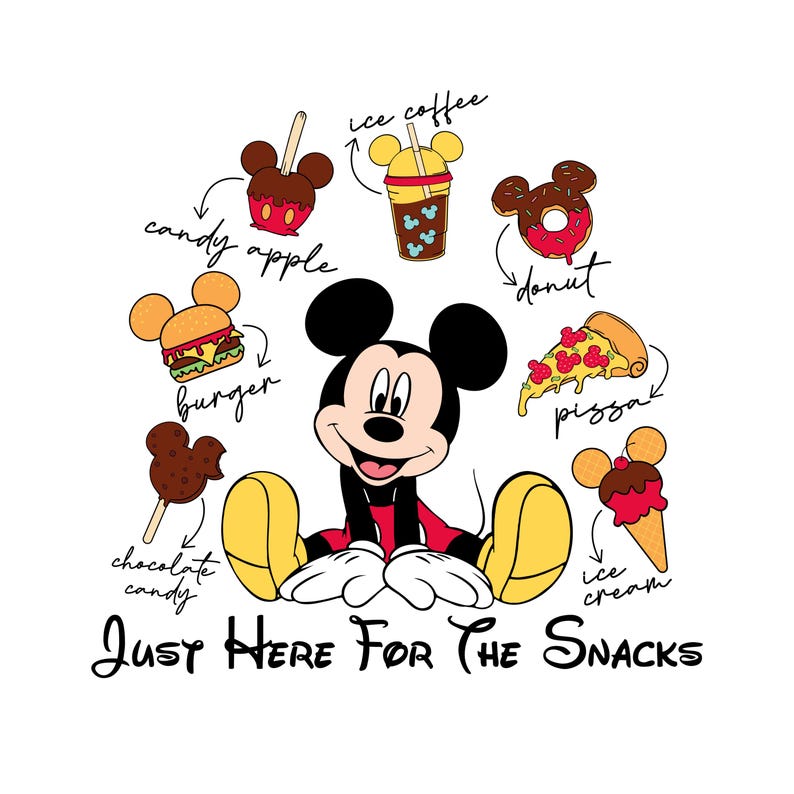 Puede incluir: Ilustraci&oacute;n de dibujos animados de Mickey Mouse rodeado de varios bocadillos, incluyendo una manzana de caramelo, caf&eacute; helado, hamburguesa, donut, pizza, caramelo de chocolate y helado. El texto "JUST HERE FOR THE SNACKS".