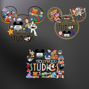 May include: Three Mickey Mouse head-shaped designs featuring Disney's Hollywood Studios. The designs include characters from Toy Story, Star Tours, and other attractions. The text "Disney's Hollywood Studios" is prominently displayed.